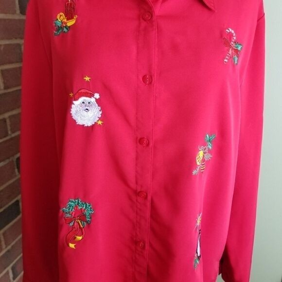 Blair Red Button down satiny Christmas Blouse SZLG - Picture 4 of 6